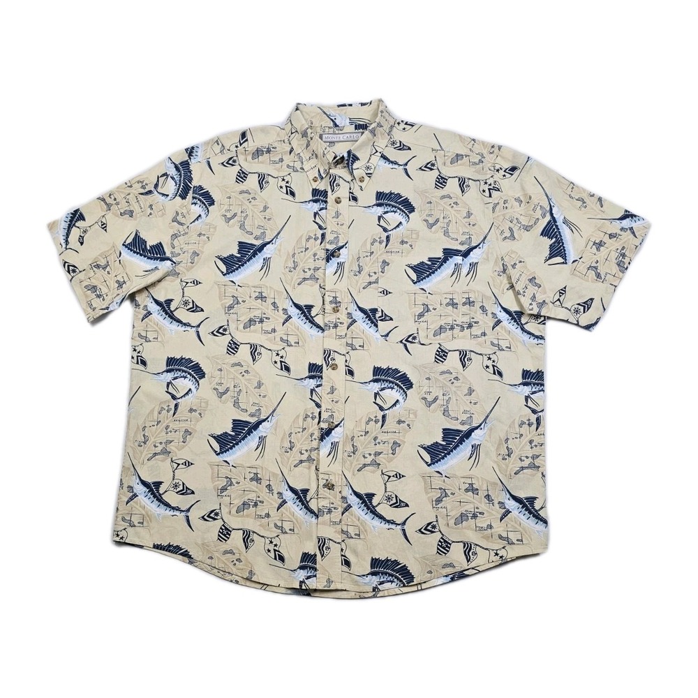 Monte Carlo XL 46/48 cotton Hawaiian-style shirt marlin fish and island Map Leaf